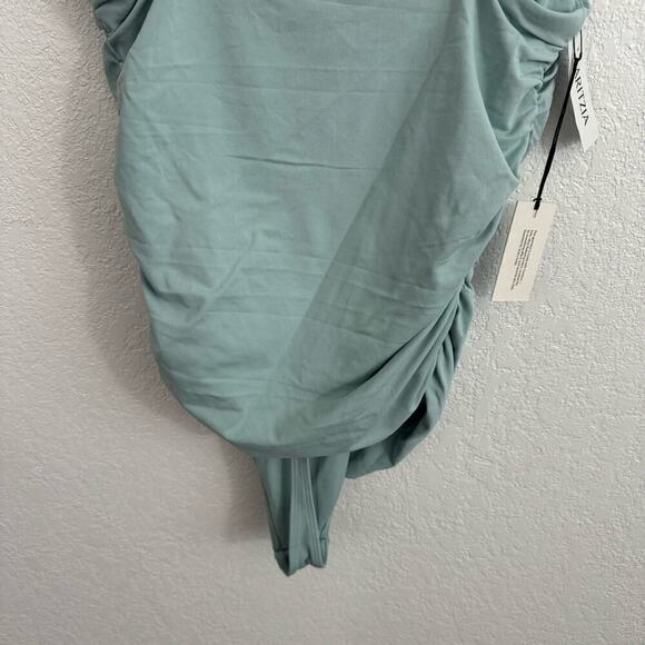 NEW NWT Aritzia Contour Square Neck Ruched Thong Bodysuit Aquamarine Green L - Picture 12 of 15